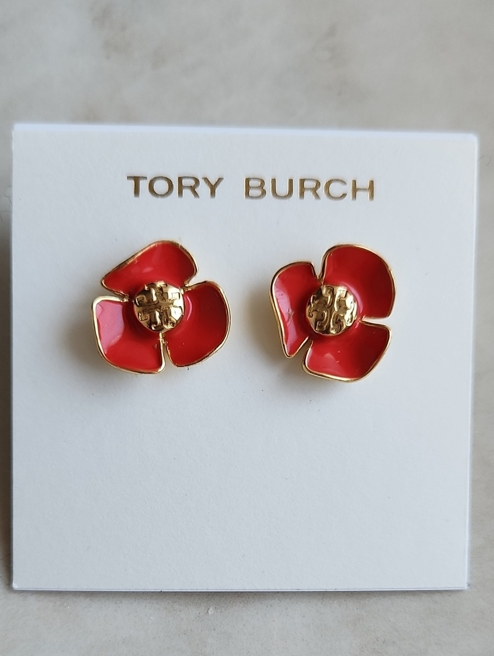 Tory Burch Red Floral Metal Stud Earrings